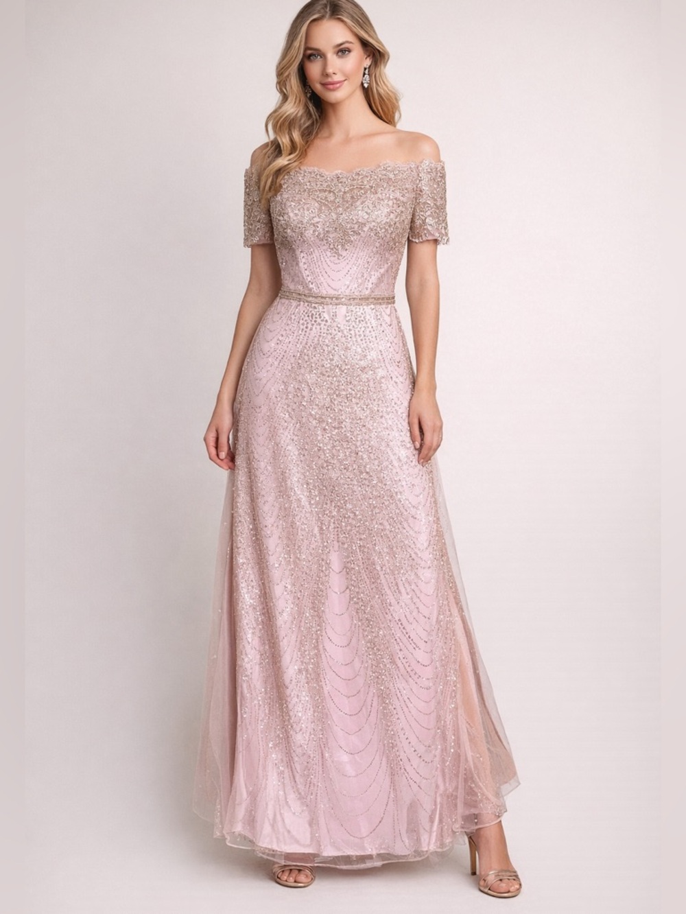 Elizabeth K by GLS Hand Beaded Gown Dress Women's Large Blush Pink Prom Formal